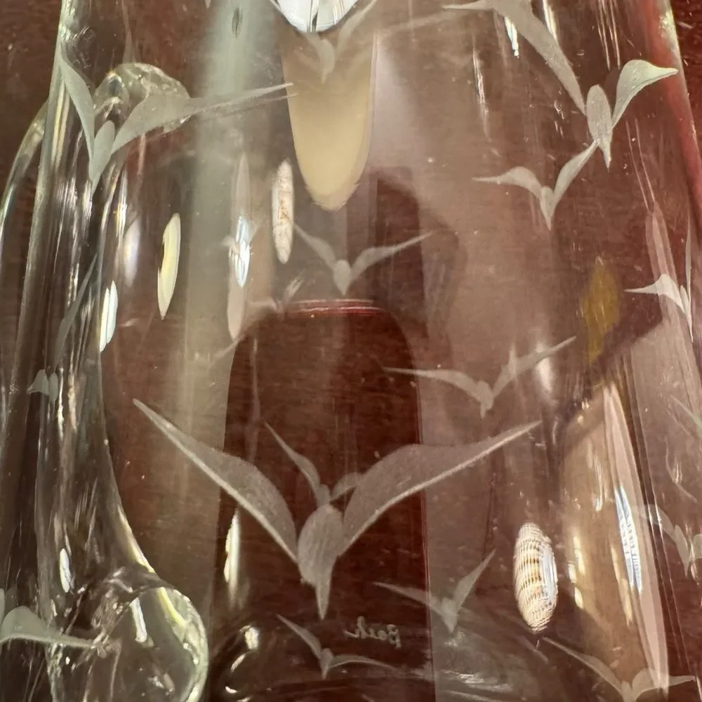 Vintage Mid Century Etched Glass Seagull Pitcher